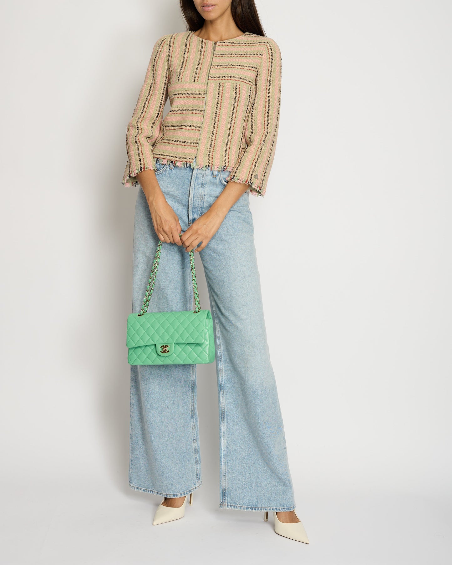 Chanel 00/C Pink, Green Beige Round Neck Long Sleeve Striped Jacket FR 34 (UK 6)