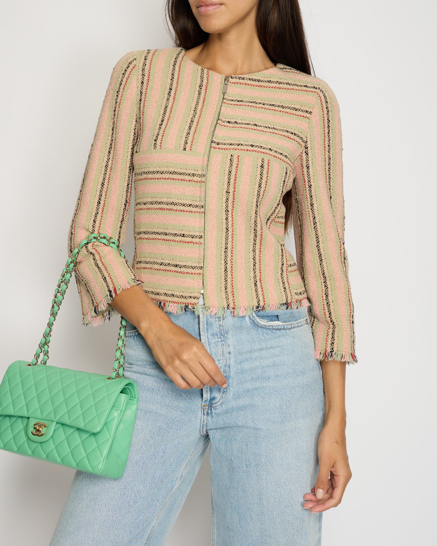 Chanel 00/C Pink, Green Beige Round Neck Long Sleeve Striped Jacket FR 34 (UK 6)