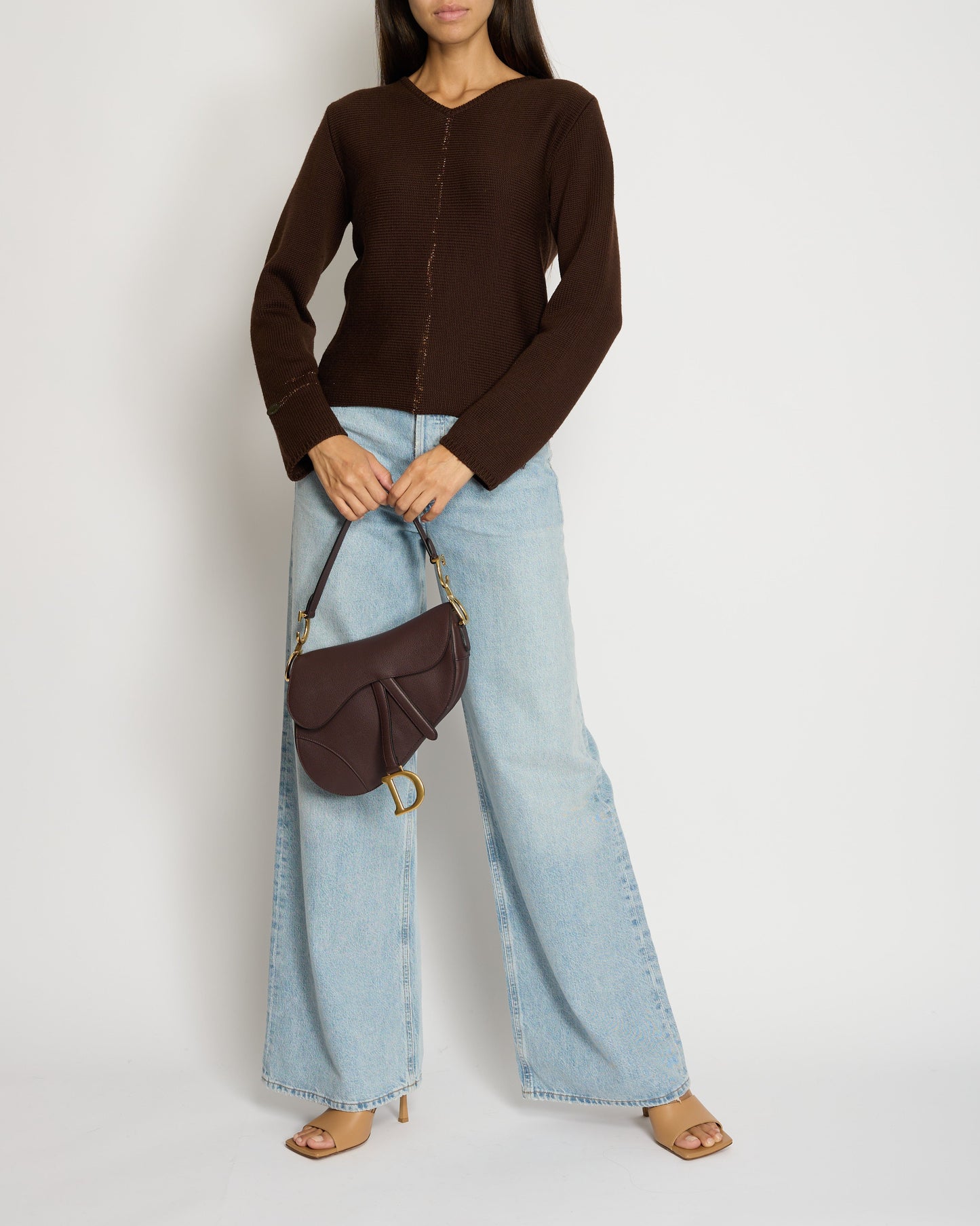 Chanel 99/A Brown V Neck Knitted Jumper with Gold Stitch Detail FR 38 (UK 10) Accessory