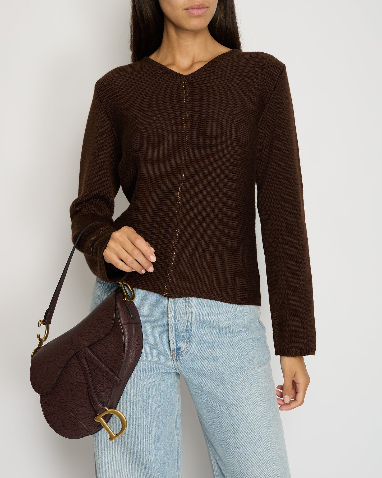 Chanel 99/A Brown V Neck Knitted Jumper with Gold Stitch Detail FR 38 (UK 10) Accessory