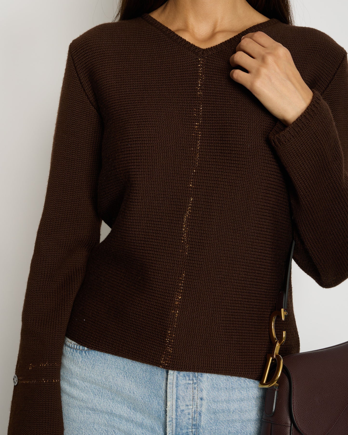 Chanel 99/A Brown V Neck Knitted Jumper with Gold Stitch Detail FR 38 (UK 10) Accessory