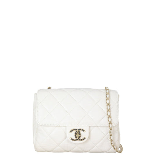 Chanel CC Square Flap Accordion Handbag Quilted White Crossbody Bag
