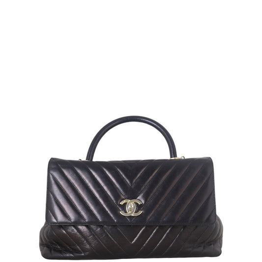 Chanel Coco Top Handle Chevron Quilted Black Crossbody Bag