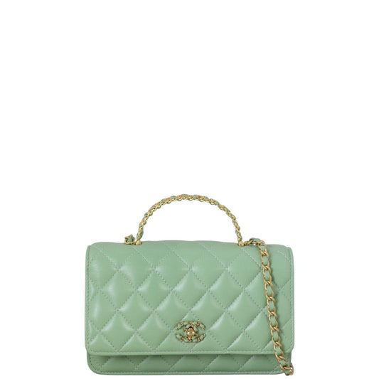 Chanel Logo Top Handle Wallet on Quilted Green Crossbody Bag