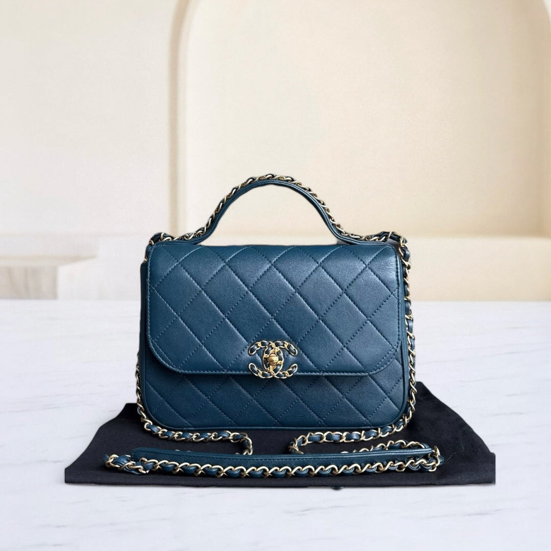 Chanel 19 Bag Flap - With Top Handle Quilted Blue Handbag