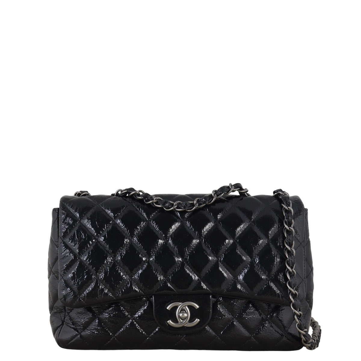 Chanel Classic Single Jumbo Patent Handbag Quilted Black Crossbody Bag