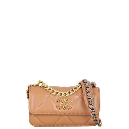 Chanel 19 Phone Holder on Handbag Brown Chain Crossbody Bag