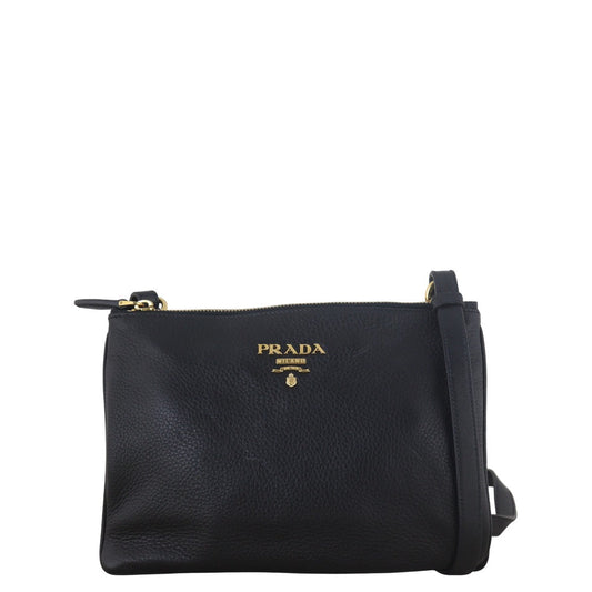 Prada Crossbody Bag Phenix Double Bag Vitello Black Zip Shoulder Bag