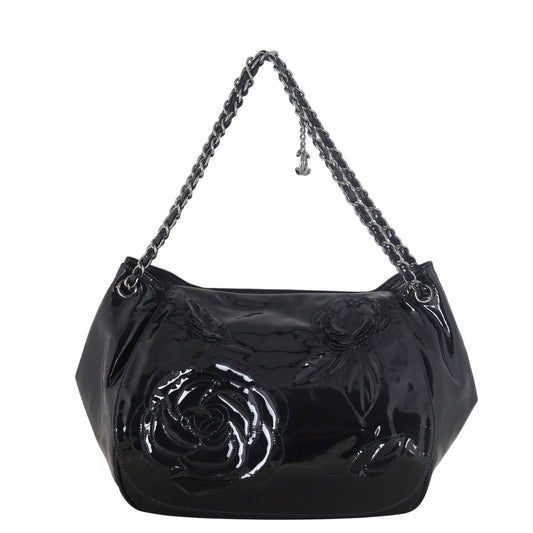 Chanel Camellia Accordion Bag Patent Black Flap Shoulder Bag