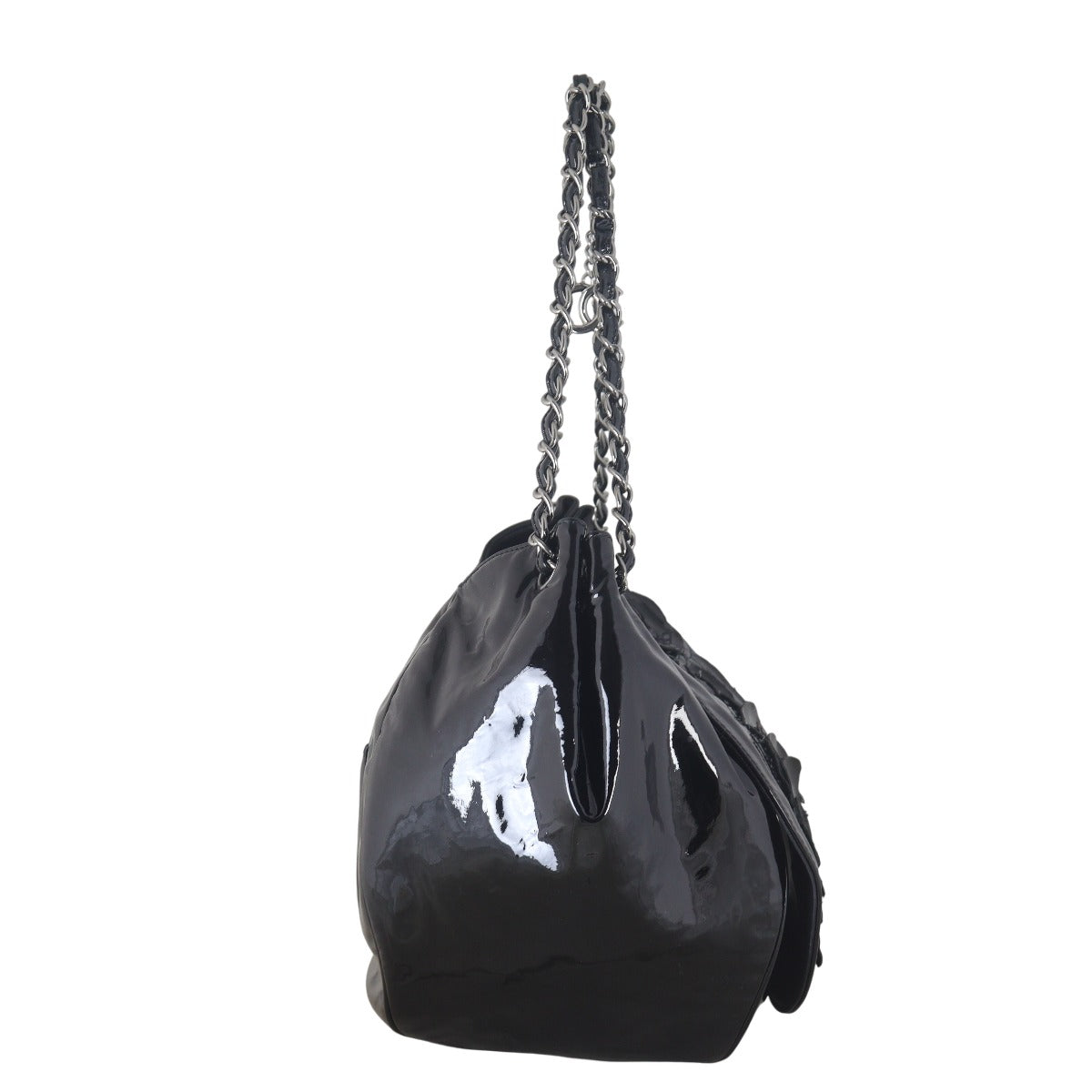 Chanel Camellia Accordion Bag Patent Black Flap Shoulder Bag