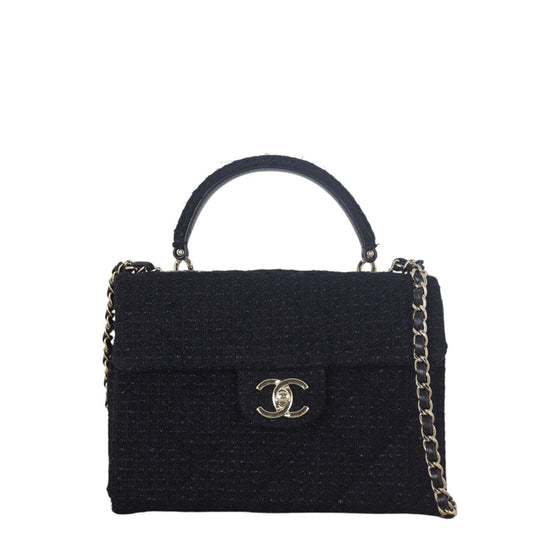 Chanel Top Handle Tweed Black Flap Crossbody Bag