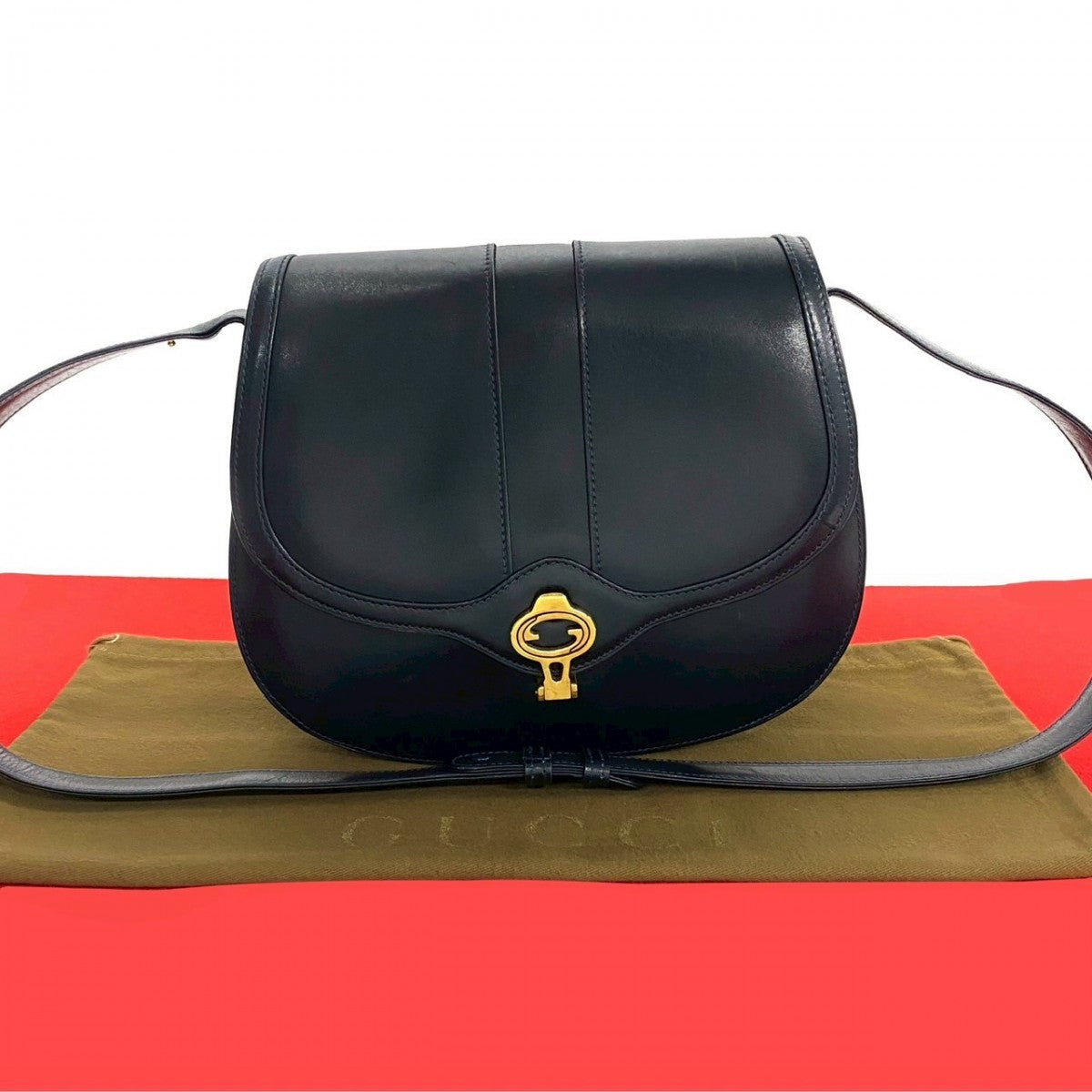 Gucci GG Metal Leather Navy Logo Shoulder Bag