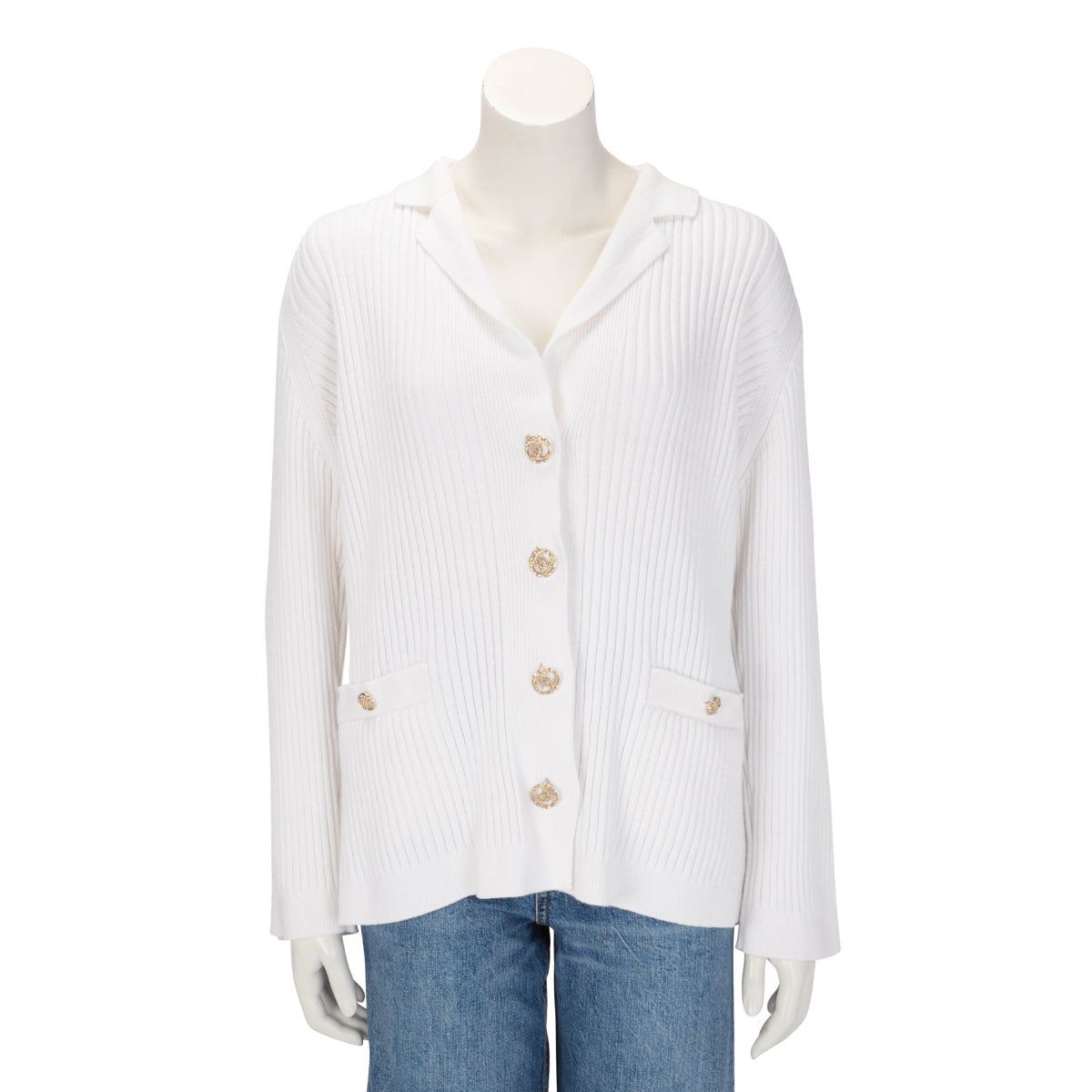 Chanel White Ribbed Cotton CC Long Cardigan FR 50 Apparel