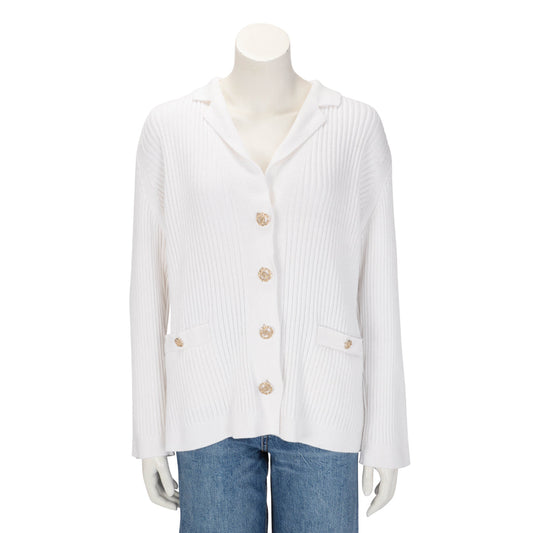 Chanel White Ribbed Cotton CC Long Cardigan FR 50 Apparel