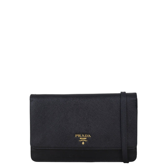 Prada Crossbody Bag Wallet on Strap Metal Saffiano Black Shoulder Bag