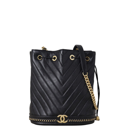 Chanel Paris Cosmopolite Bag Chevron Black Bucket Crossbody Bag