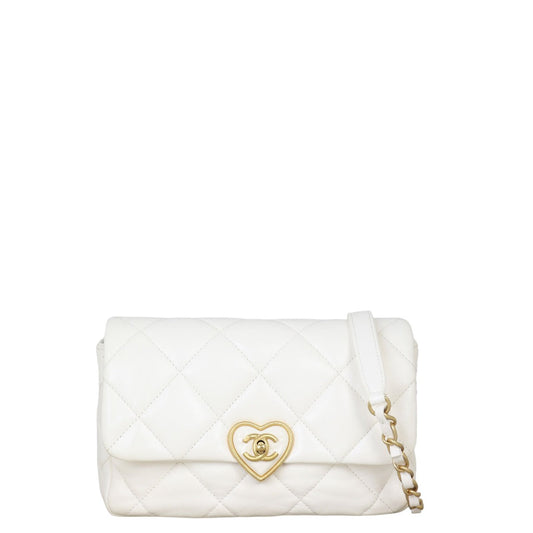 Chanel Coco CC Love Heart Flap Bag Quilted White Shoulder Bag