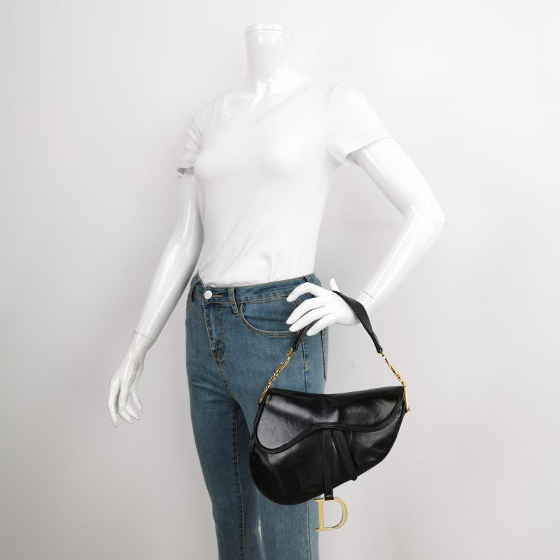 Dior Saddle Goatskin With Hardware Handbag Leather Black Travel Bag