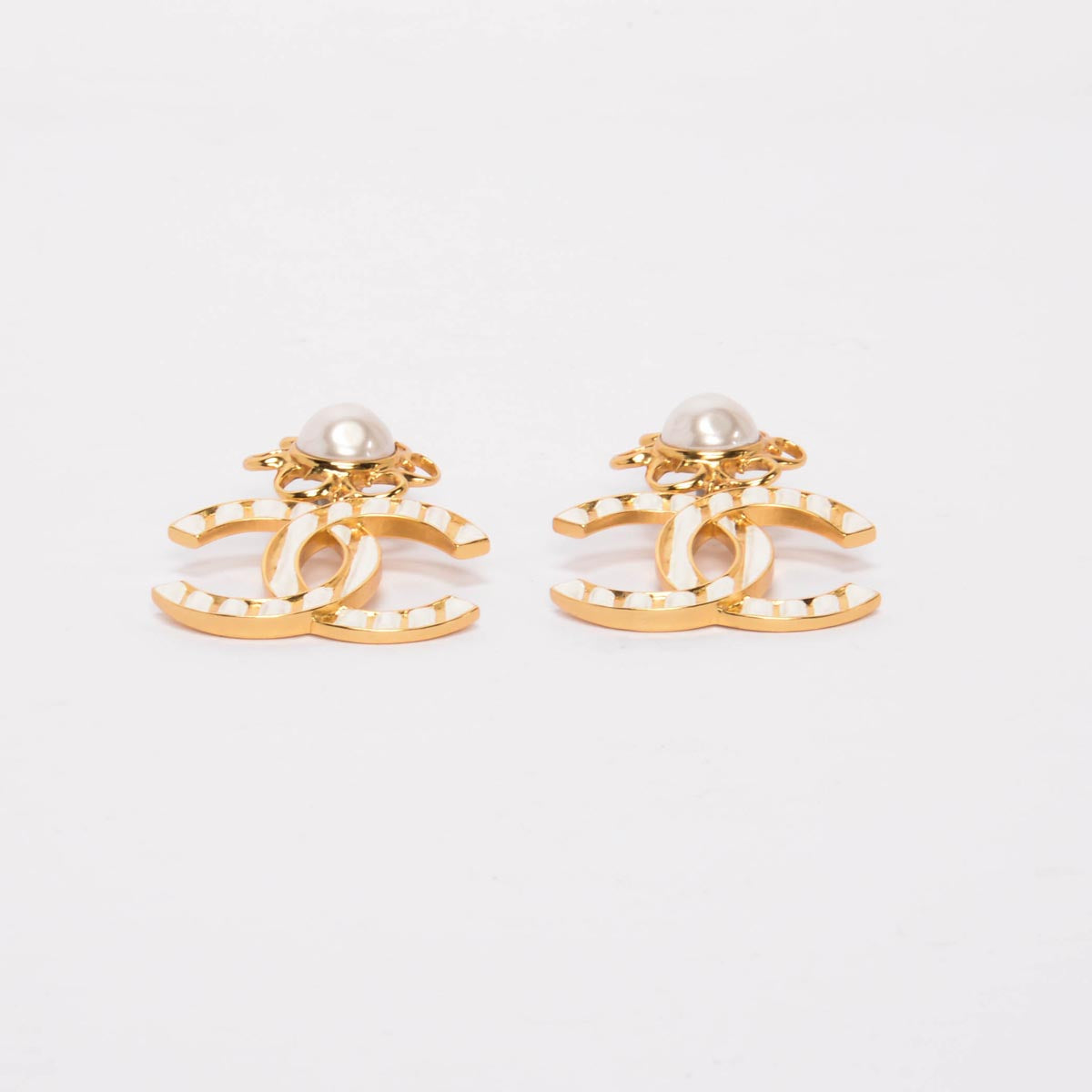 Chanel Gold & White Enamel Striped CC XL Earrings Jewelry