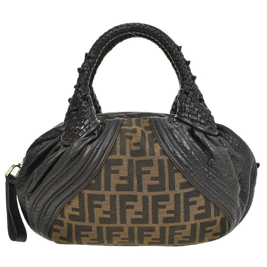 Fendi Zucca Pattern Handbag Leather Nylon Brown Satchel Bag