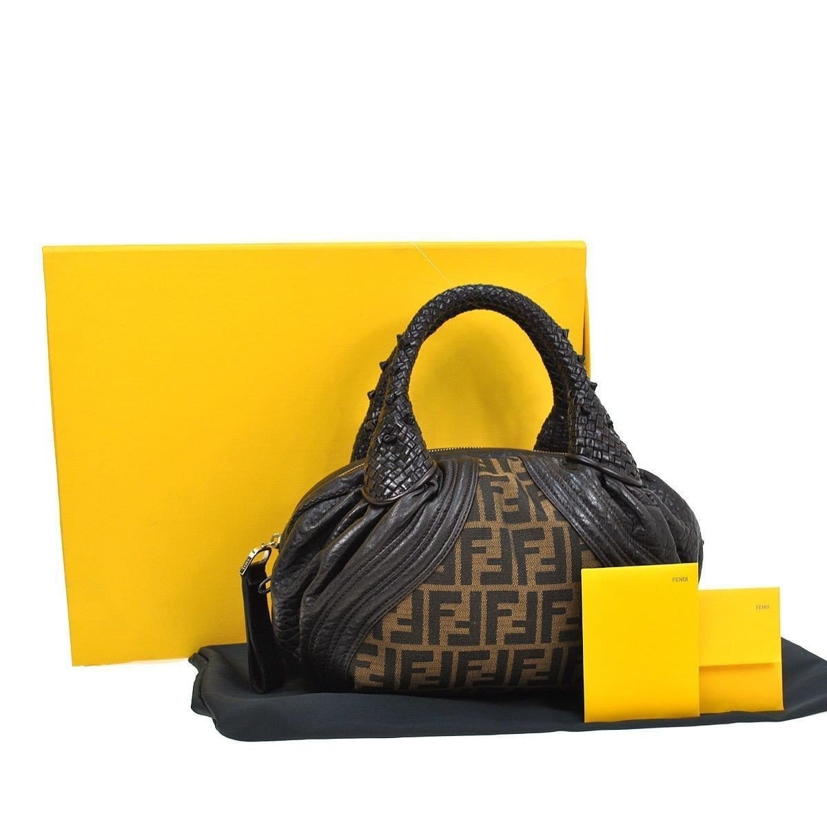 Fendi Zucca Pattern Handbag Leather Nylon Brown Satchel Bag