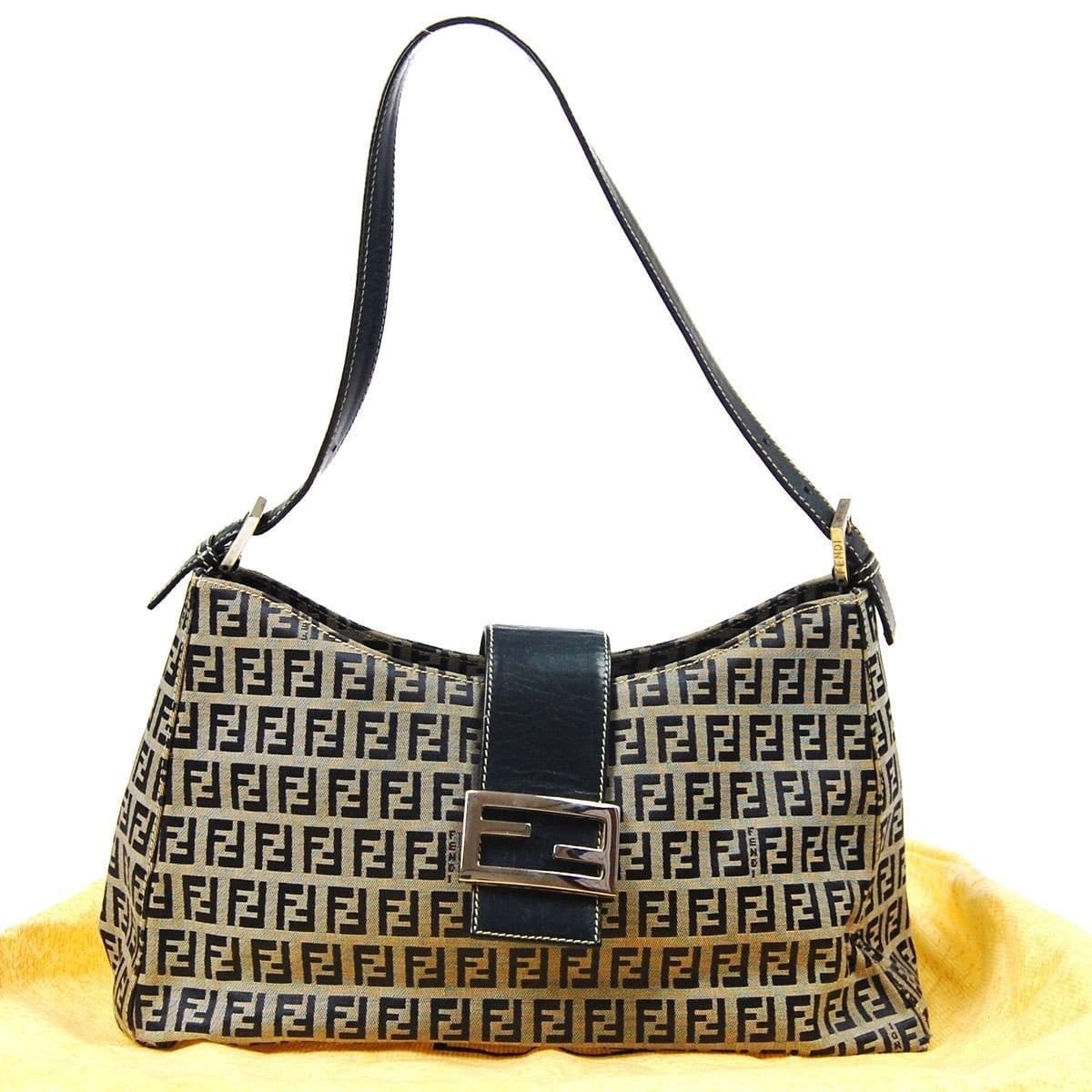 Fendi Zukka Pattern Hand Bag Italy Leather Canvas Gray Shoulder Bag