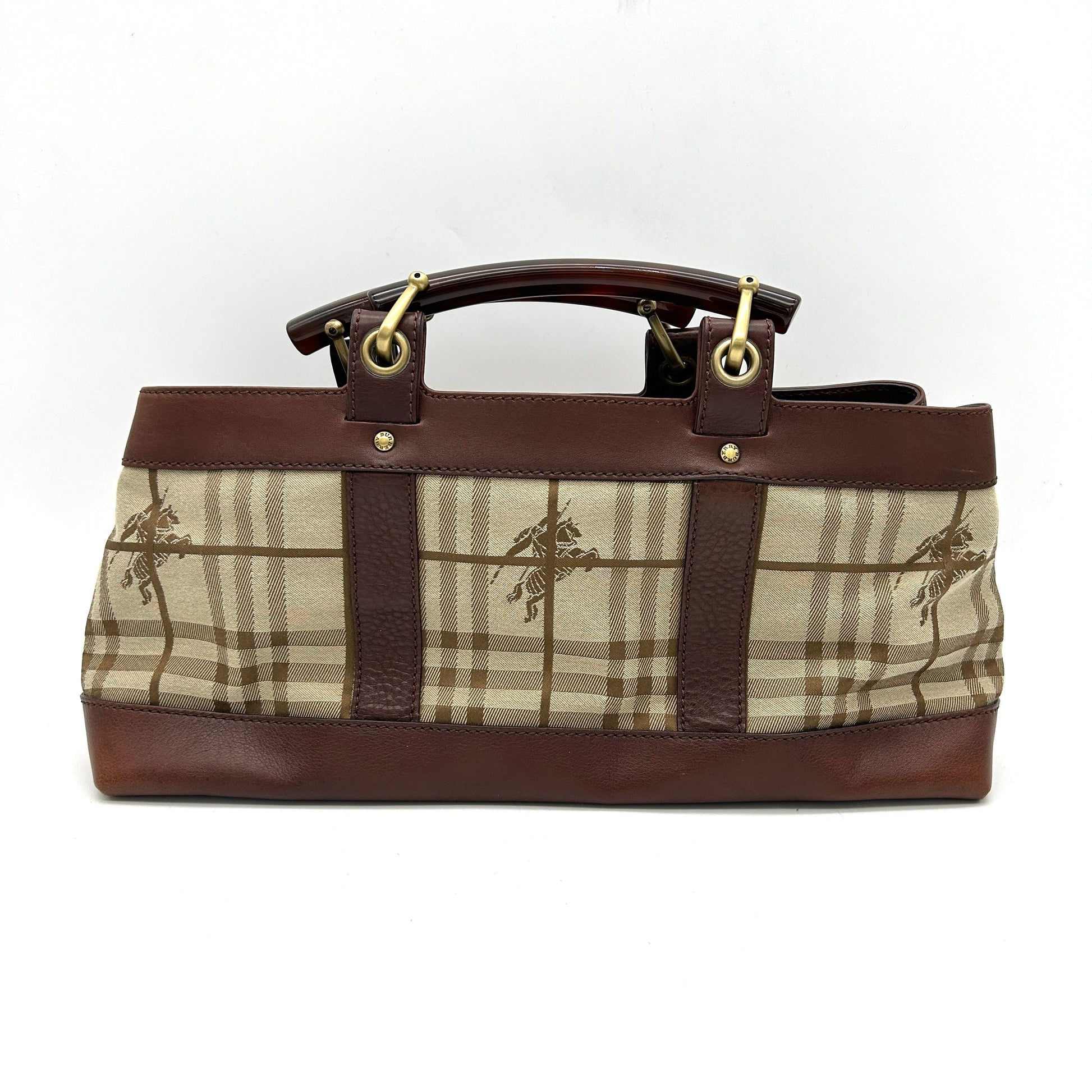 Burberry Luxury Haymarket Check And Middle Tote Bb5526Cc Leather Canvas Brown Tote Bag