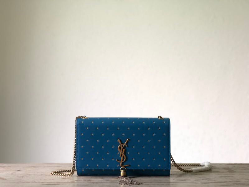 YSL Saint Laurent Kate Star Pattern 9in 24cm Blue Medium Chain Handbag