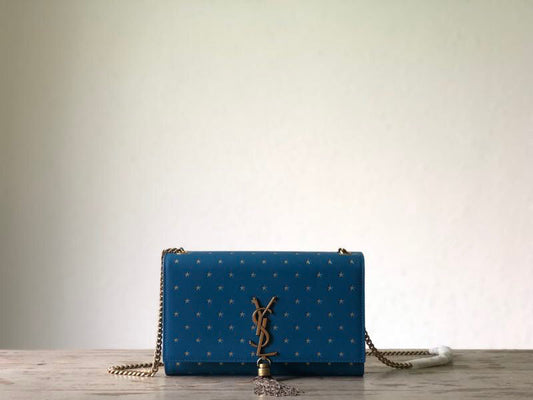 YSL Saint Laurent Kate Star Pattern 9in 24cm Blue Medium Chain Handbag