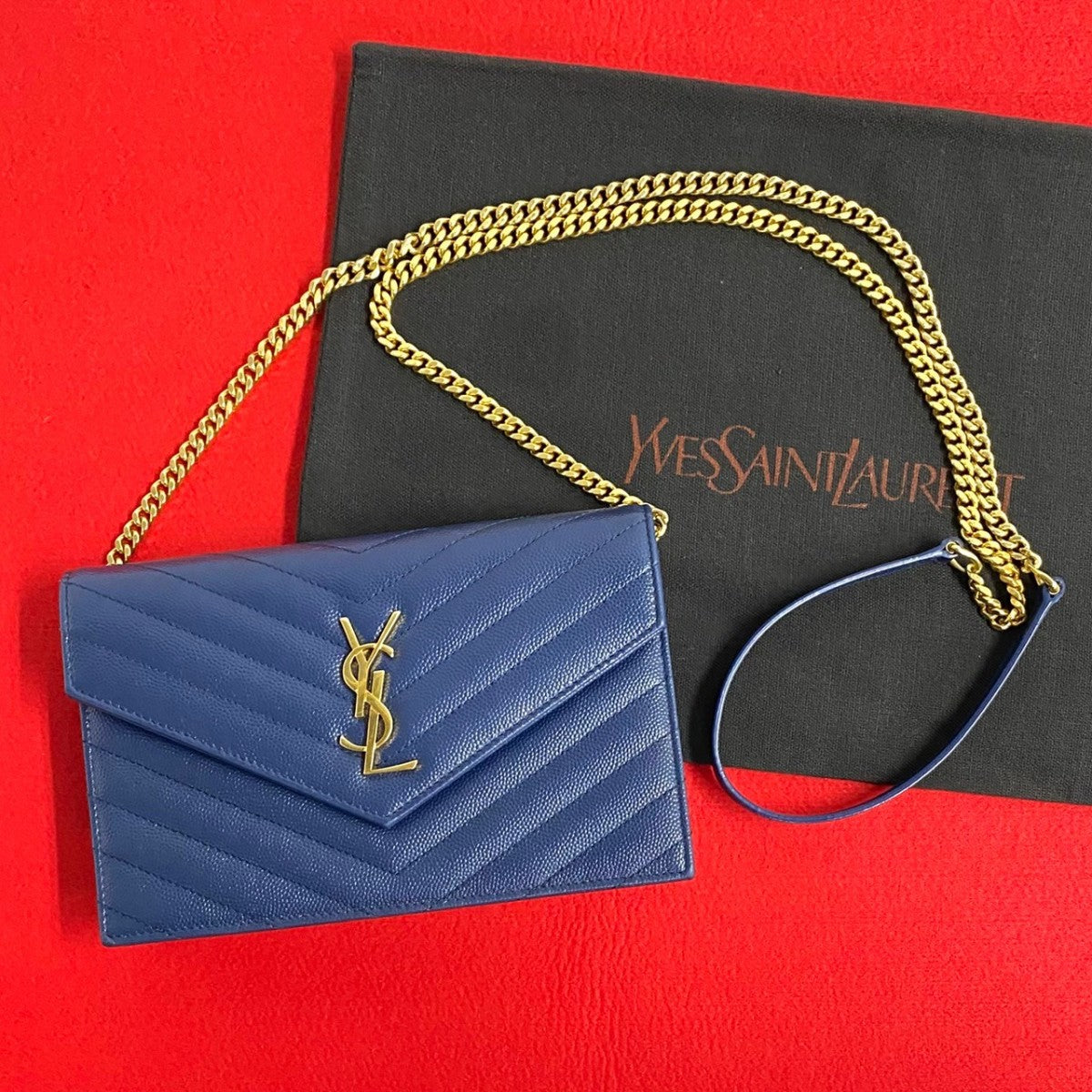 YSL Saint Laurent YSL Saint Shoulder Bag Navy Metal Envelope Leather Logo