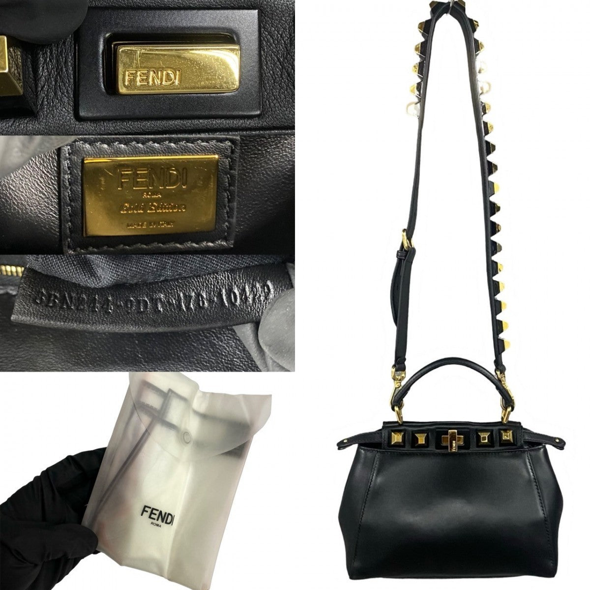 Fendi Shoulder Bag 8Bn244Ï ½E9Dt Calf Edition Studs Peacock Leather Calf Leather Black
