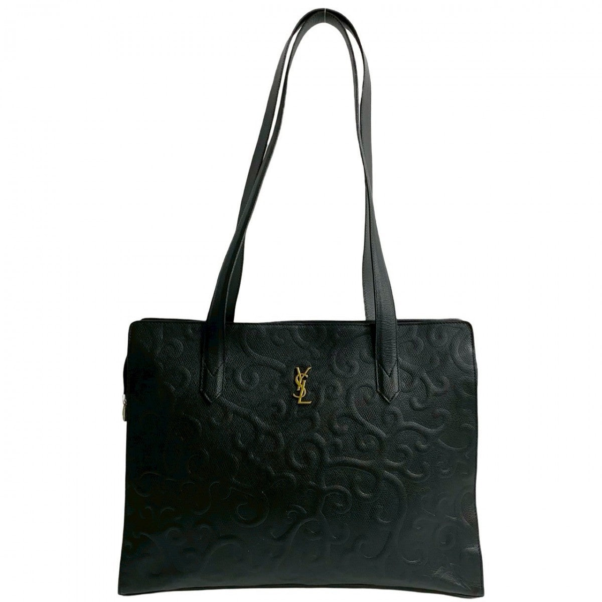YSL Saint Laurent Tote Bag Arabesque Pattern Women Unisex Leather Black Logo