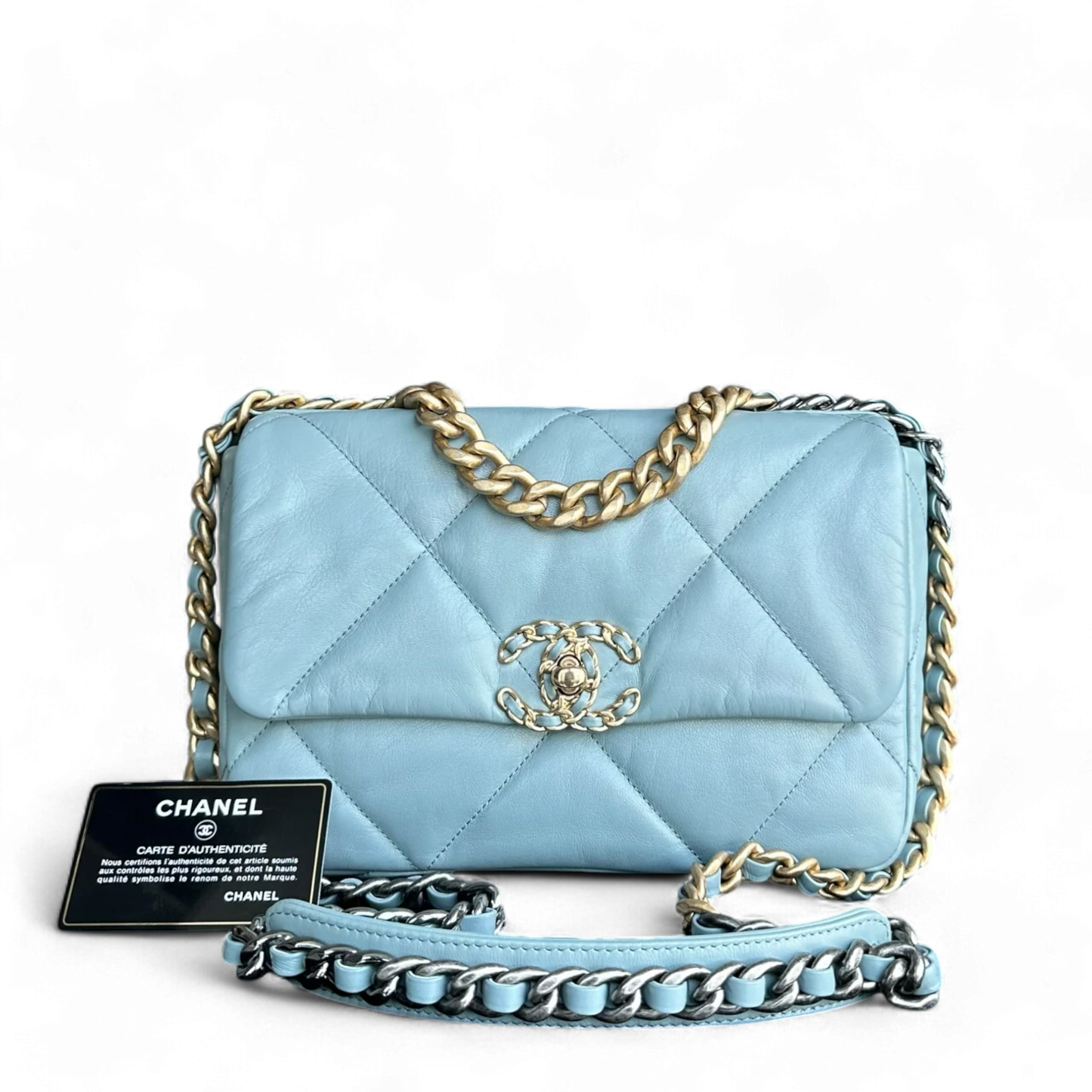 Chanel 19 Bag Goatskin Light Two-Tone Hardware Series Quilted Blue Handbag
