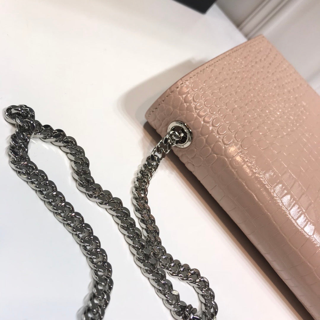 YSL Saint Laurent Kate Tassel Embossed Crocodile Dark Beige Medium Chain Handbag