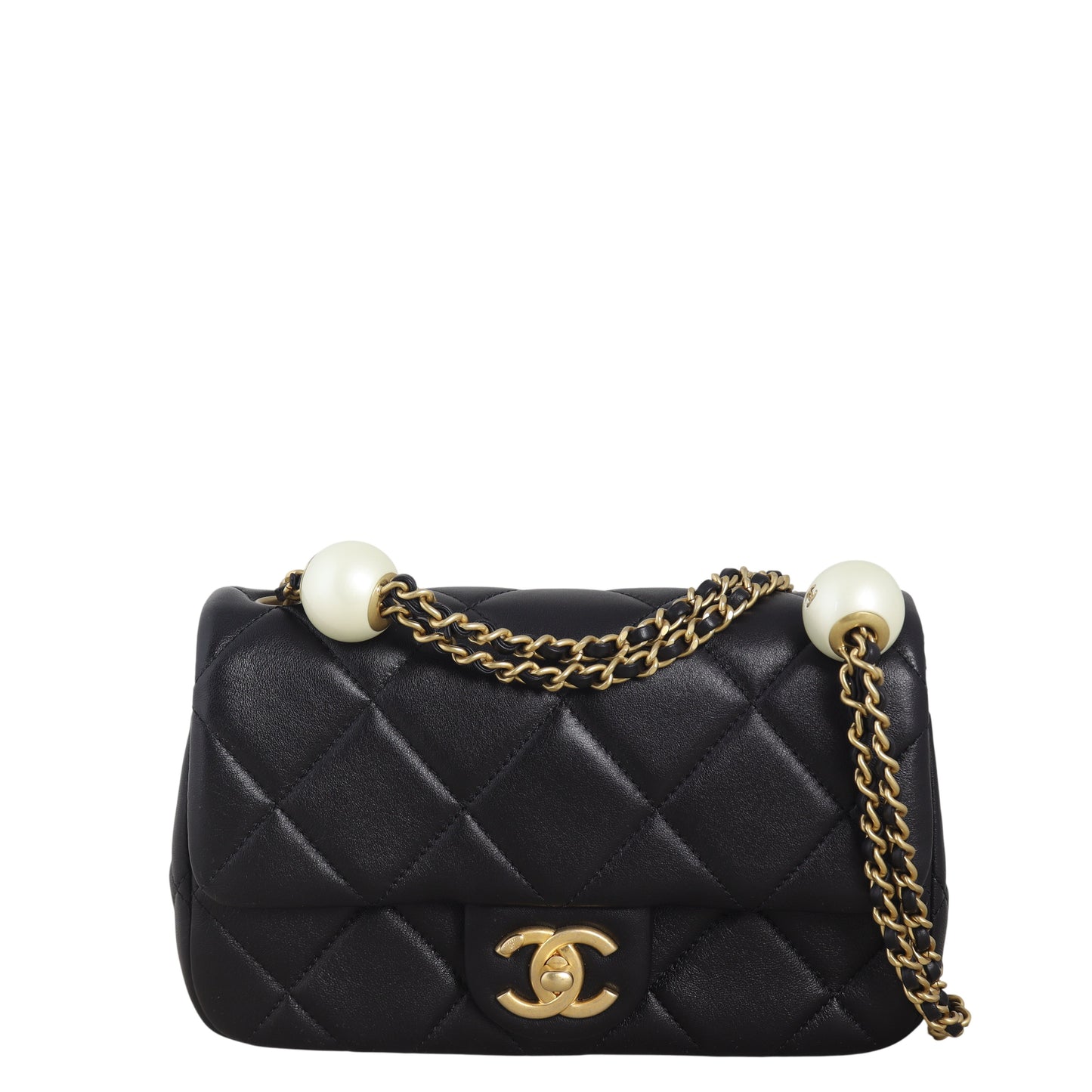Chanel Double Pearl Flap Bag Quilted Black Crossbody Bag