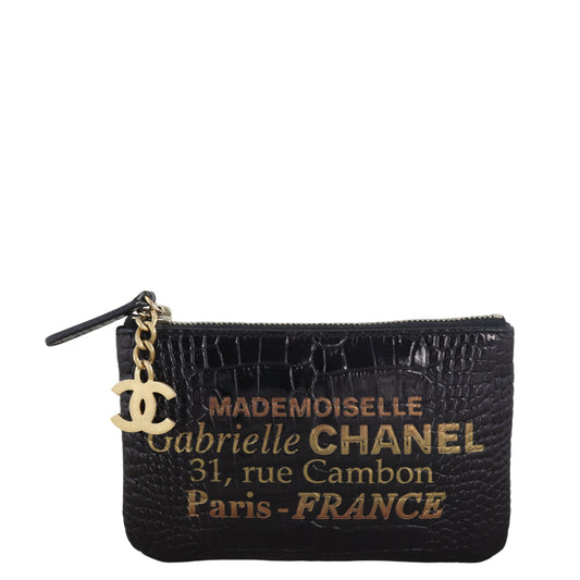Chanel Gabrielle Zip Pouch Croc Embossed Handbag Black