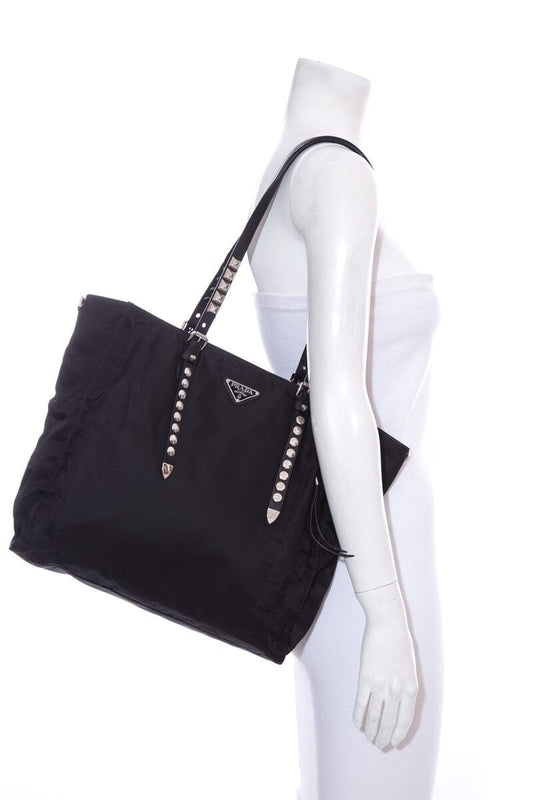 Prada Vela Studded Tote Nylon Tote Bag