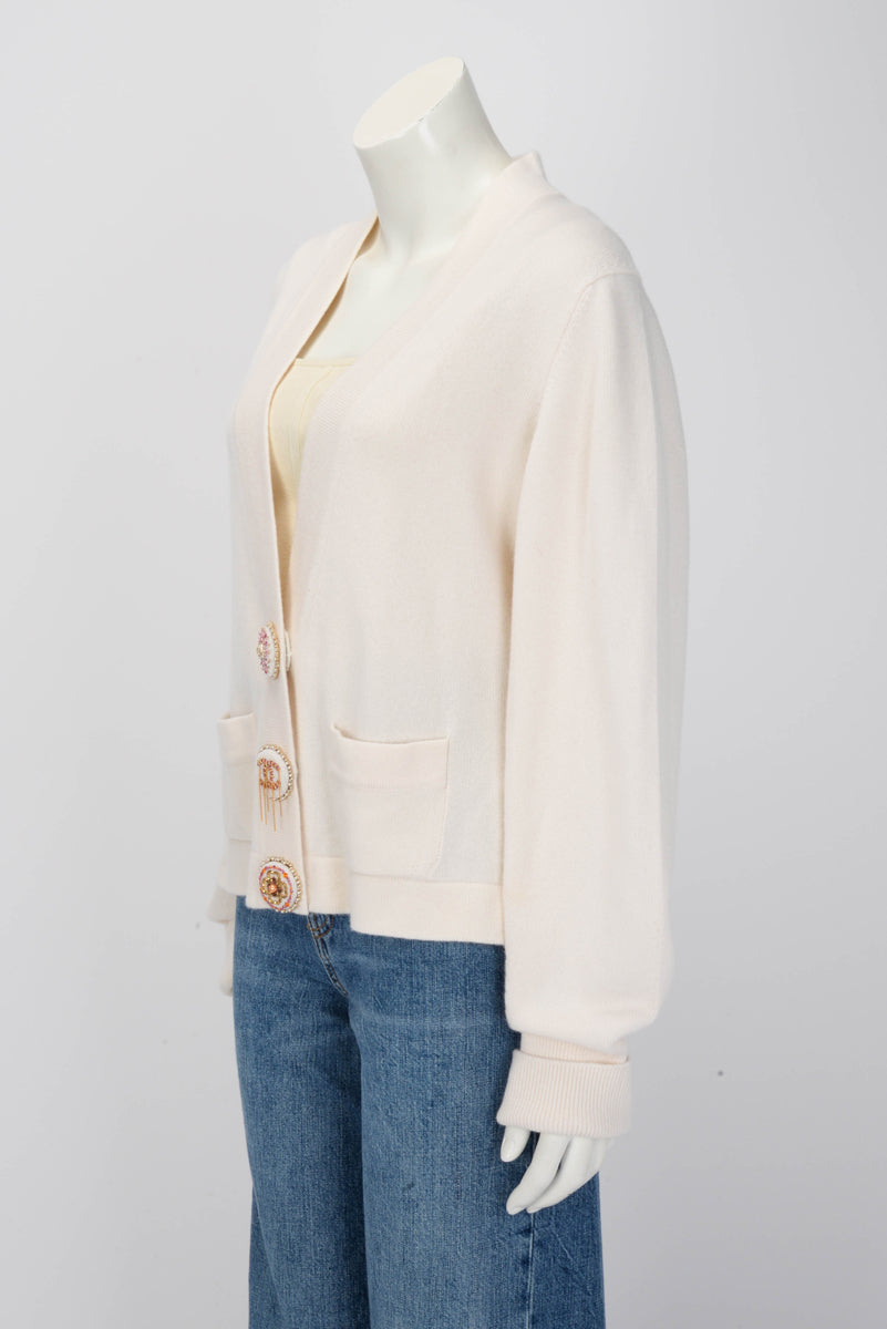 Chanel Cream Cashmere Embellished Button Cardigan FR 46 Apparel