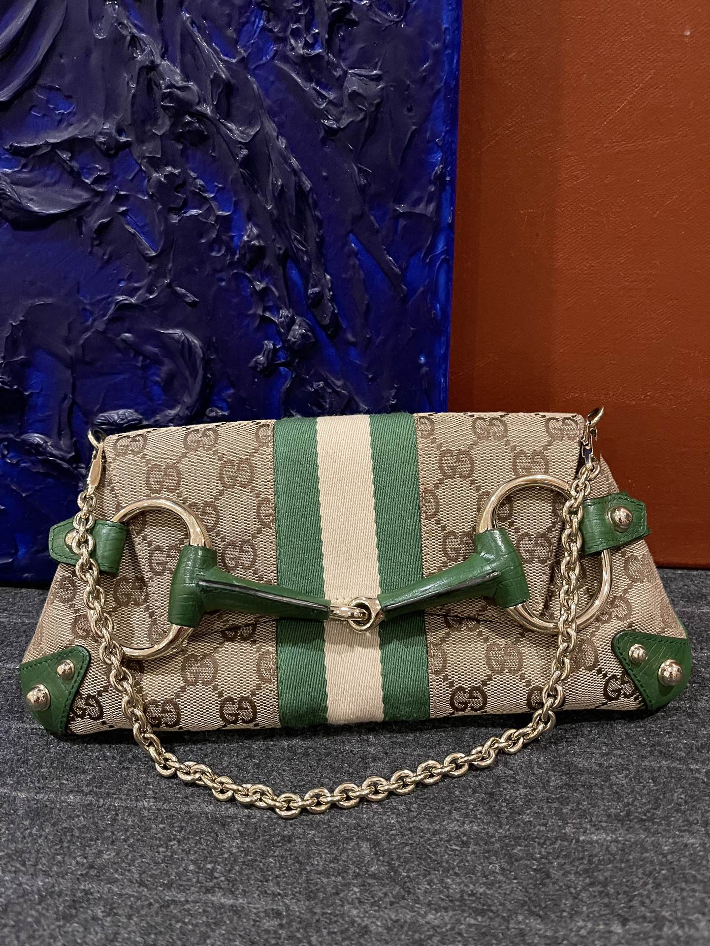 Gucci Horsebit Chain Studs Monogram Leather Green Gold Handbag