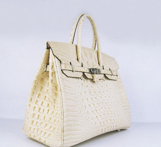 Hermes Luxury Birkin Cm Crocodile Head Veins Handbags Beige Silver Travel Bag