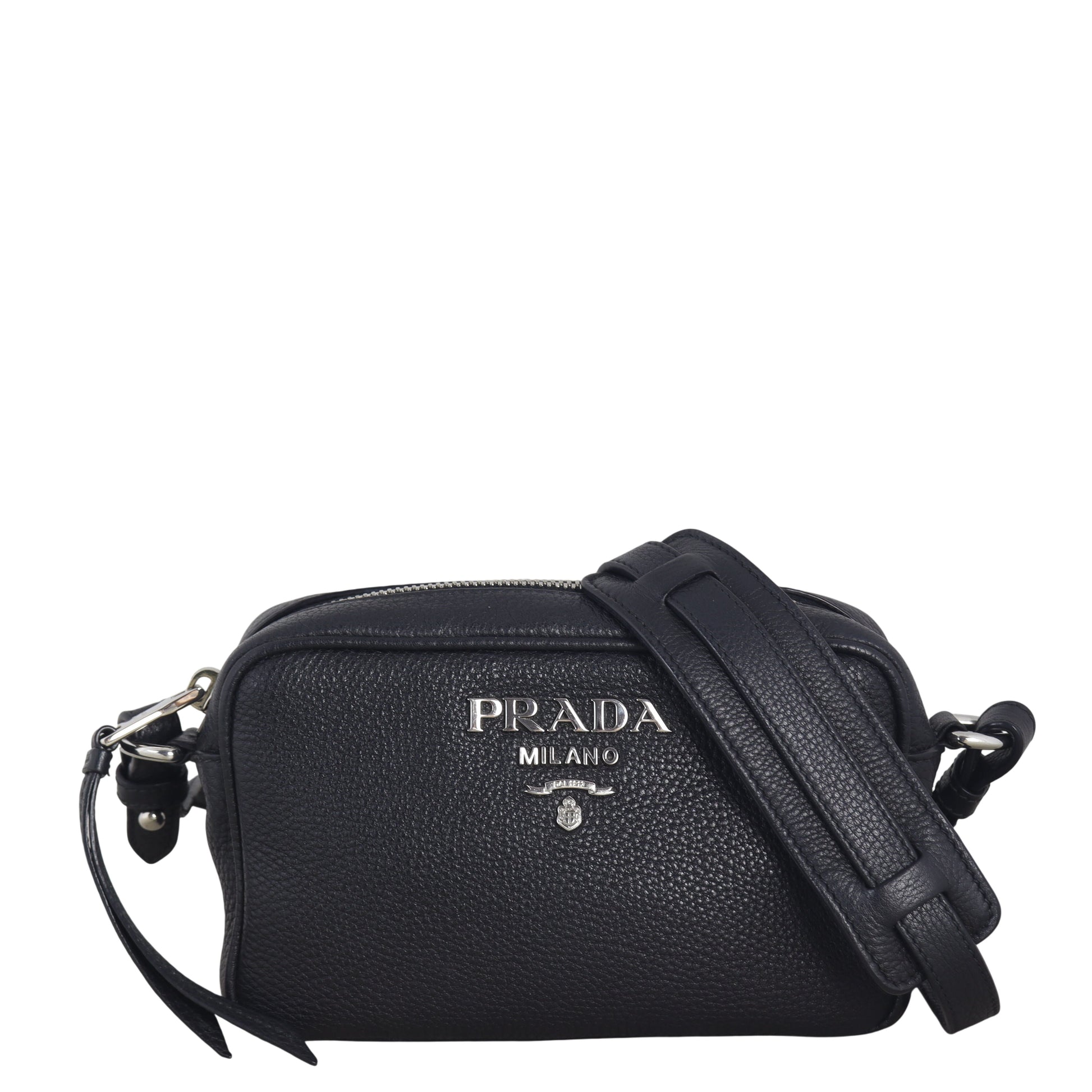 Prada Crossbody Bag Daino Camera Bag Vitello Black Zip Shoulder Bag