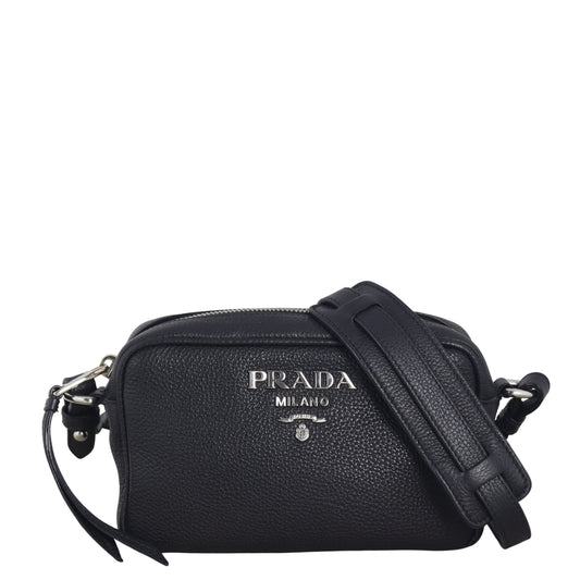 Prada Crossbody Bag Daino Camera Bag Vitello Black Zip Shoulder Bag