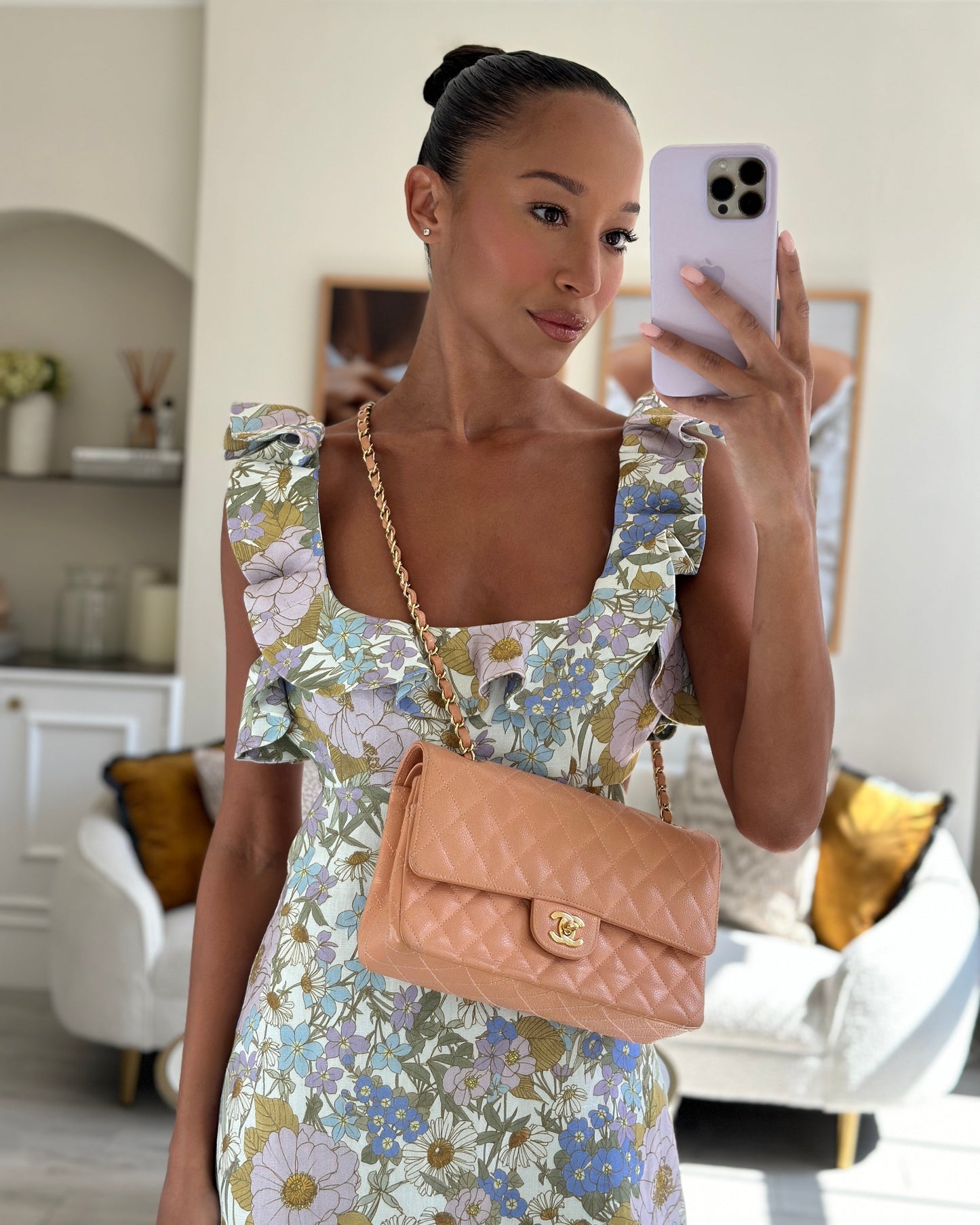 Chanel Peach Classic Medium Double Flap Bag in Caviar Leather with Gold Hardware