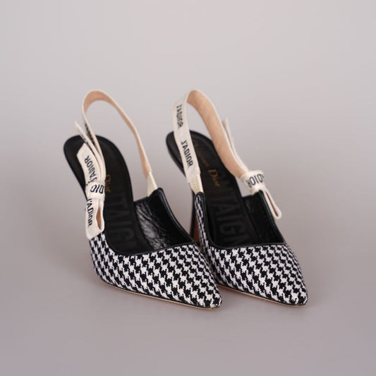 Dior Sling Bag Christian Wool Ribbon Houndstooth J'A Slingback Black White Shoes
