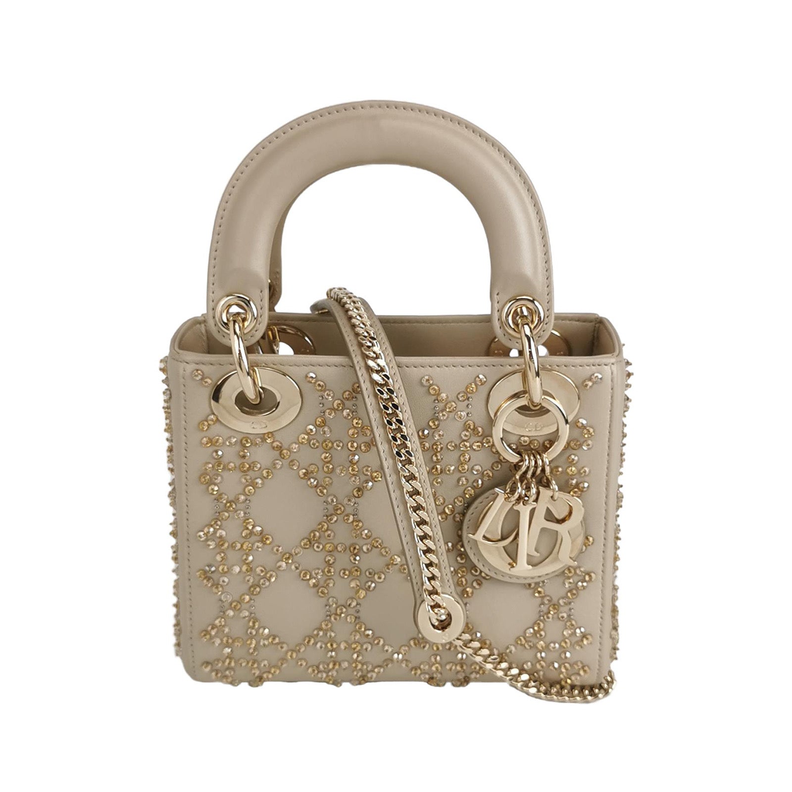 Dior Lady Calfskin With Crystals Hardware Handbag Leather Gold Travel Bag