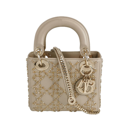 Dior Lady Calfskin With Crystals Hardware Handbag Leather Gold Travel Bag
