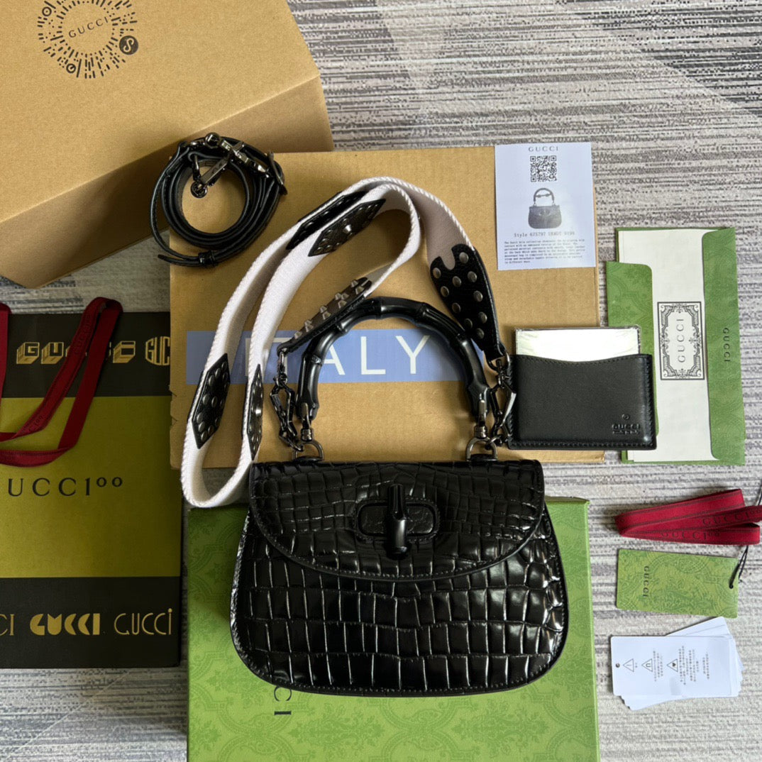 gg Bamboo Crocodile , ’s Black Top Handle Handbag