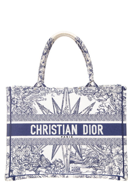 Dior Handbag Christian and Ivory Toile de Jouy Embroidery Navy Medium Tote Bag