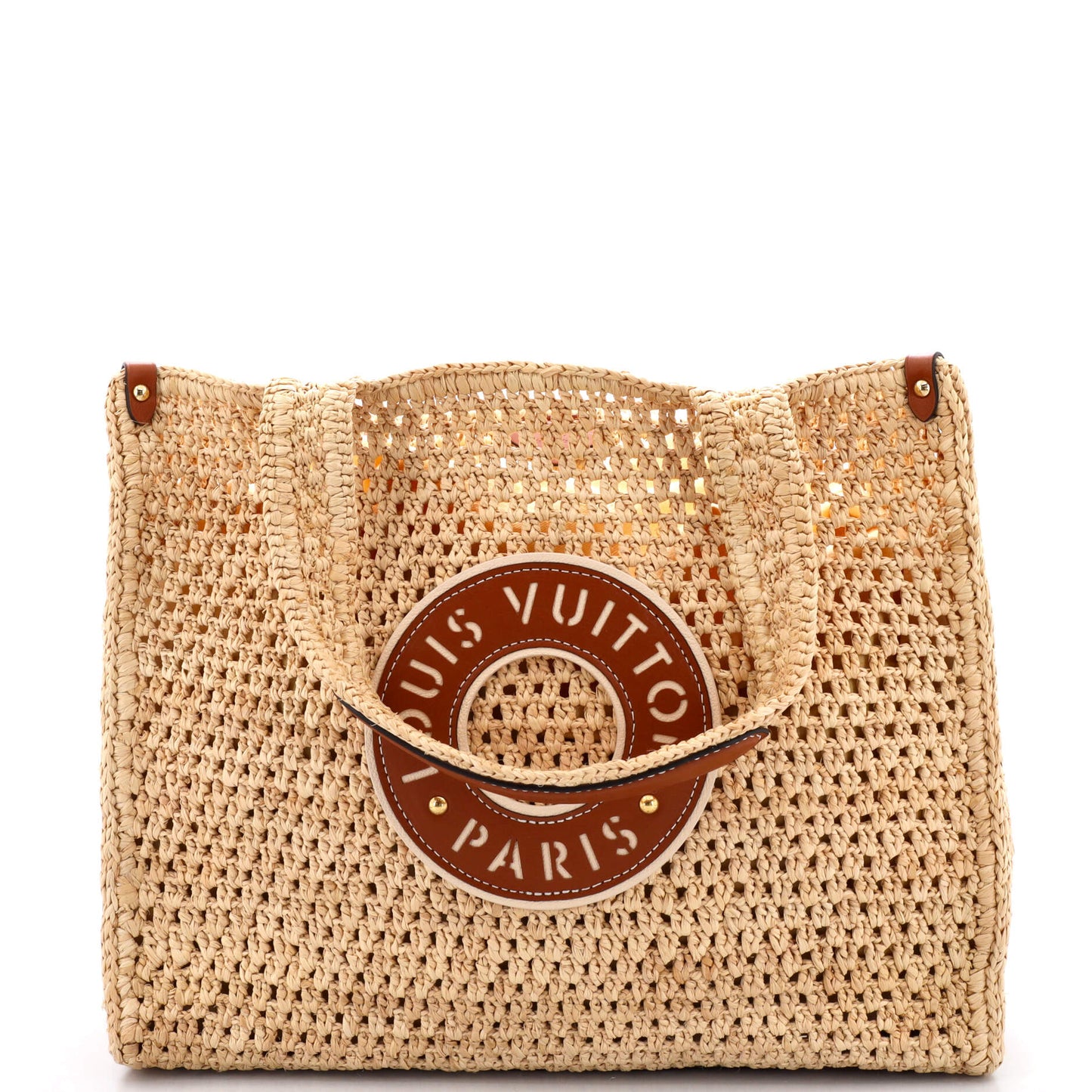 Louis Vuitton Onthego Tote Crochet With Mm Leather Raffia Tote Bag