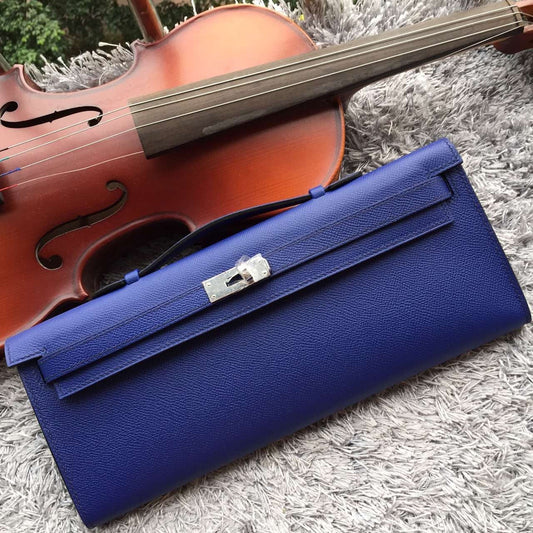 Hermes Luxury Handcrafted Kelly Cut Clutch Handbag Blue Clutch Bag